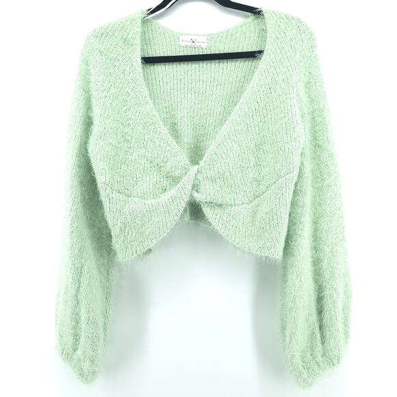 Rebels&Lovers V Neck Fuzzy Twisted Crop Green Eyelash Knit Sweater BellSleeve L - Picture 1 of 13
